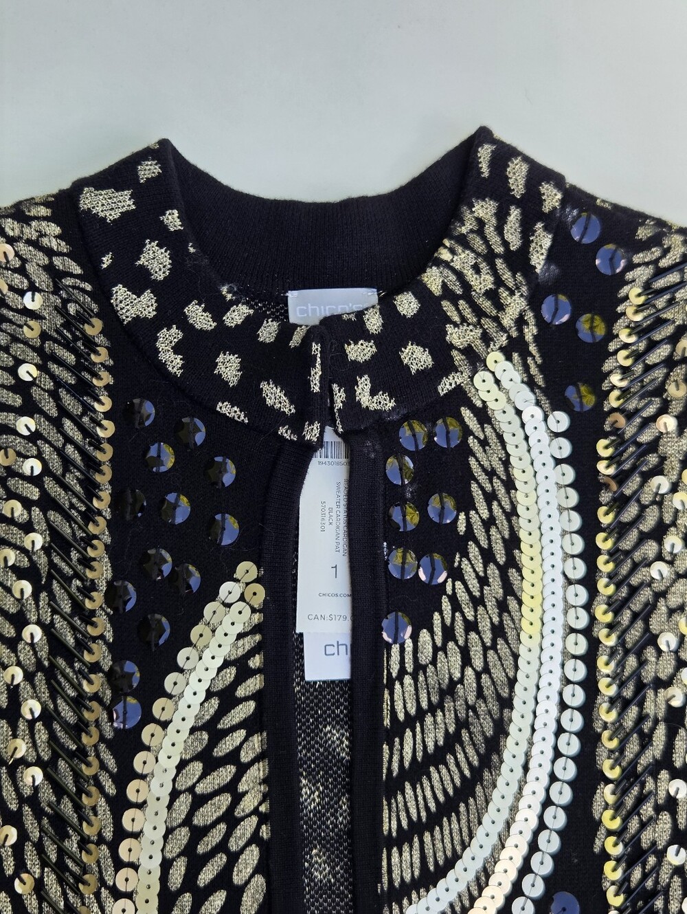NWT Chico's Cardigan Sweater Black & Gold Sequin Metallic Open Front Size-1(M) - Picture 4 of 14